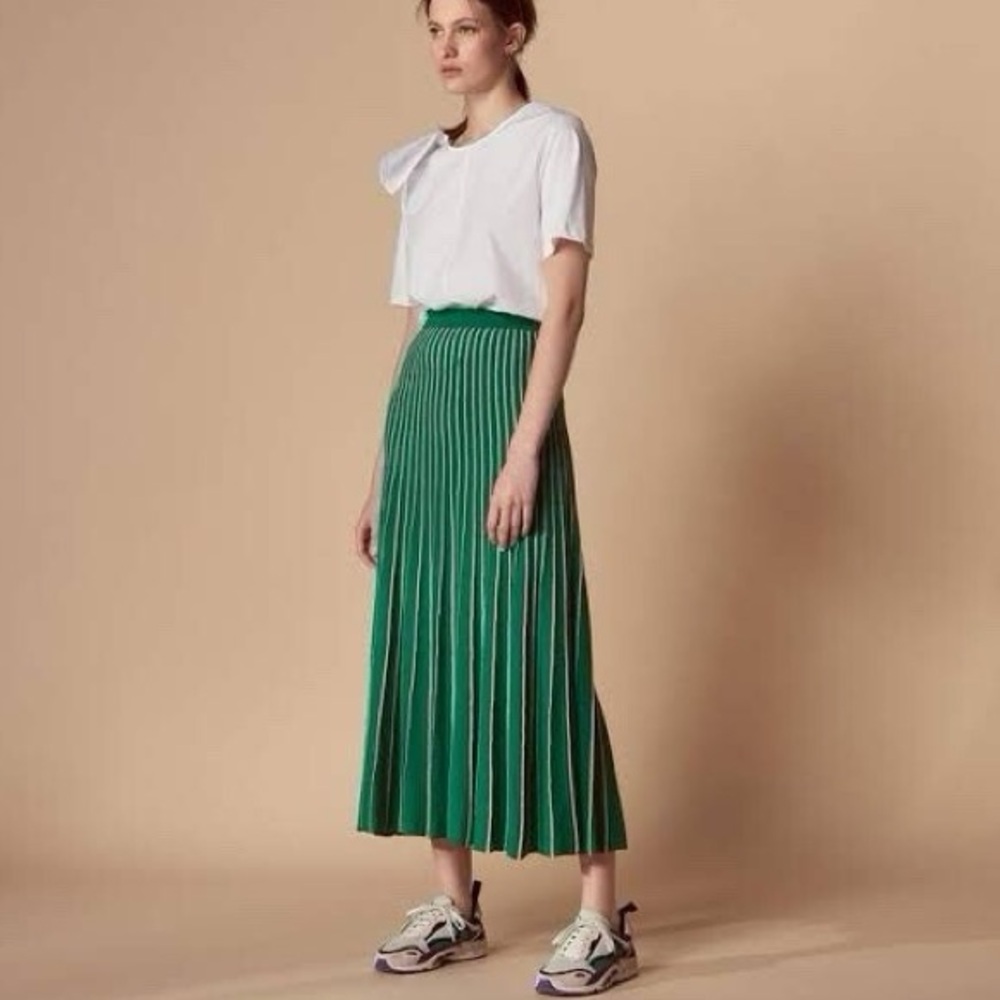 Sandro Green and Silver Pleated Maxi Skirt